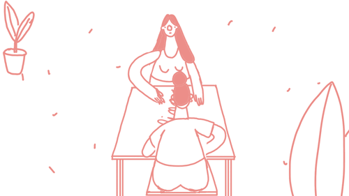 Doodle of two women sat at a table, the word feelings is written on the tabletop.